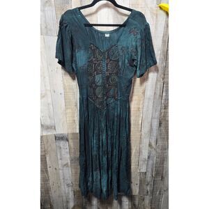 Lamata Green Basque Waist Midi Shift Dress Renaissance Hippie Earth Child Cospla